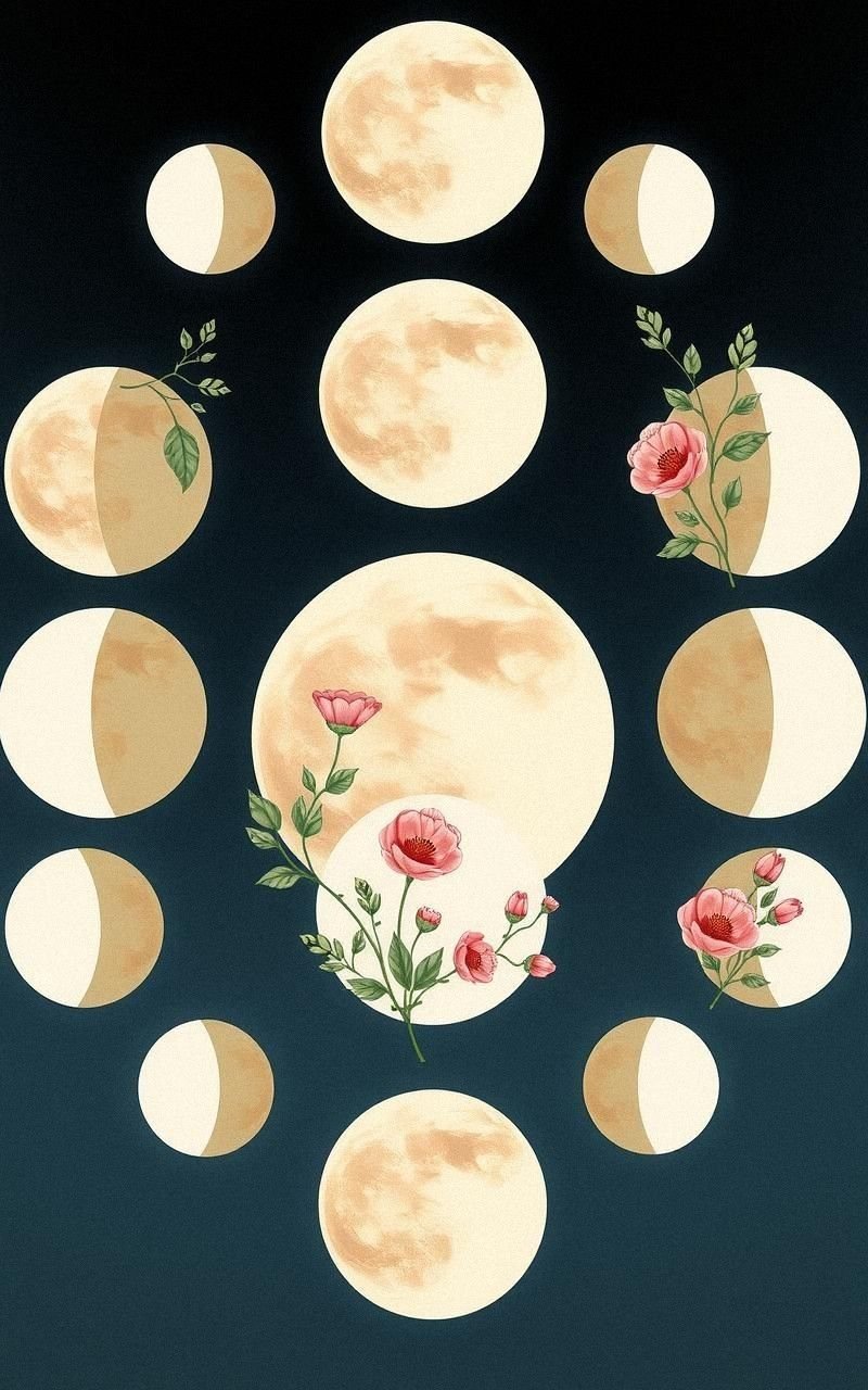 Moon Phases Illustrated with Botanical Elements