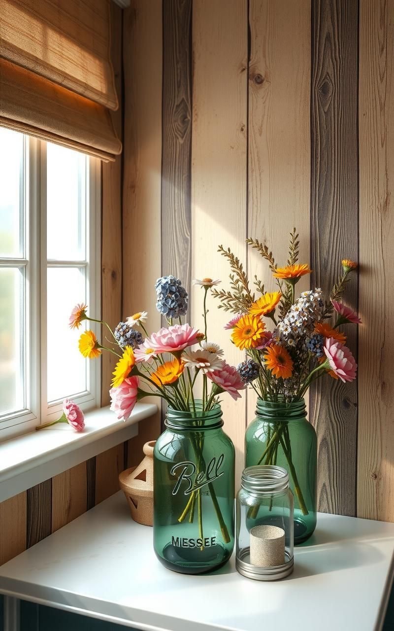 Rustic Mason Jar And Wildflower Motifs For Country Charm