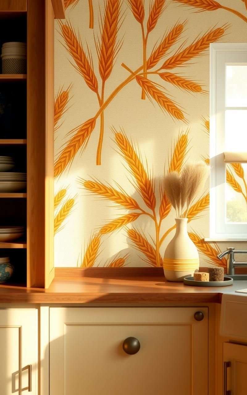 Rustic Wheat And Grain Patterns For Farmhouse Kitchen Walls