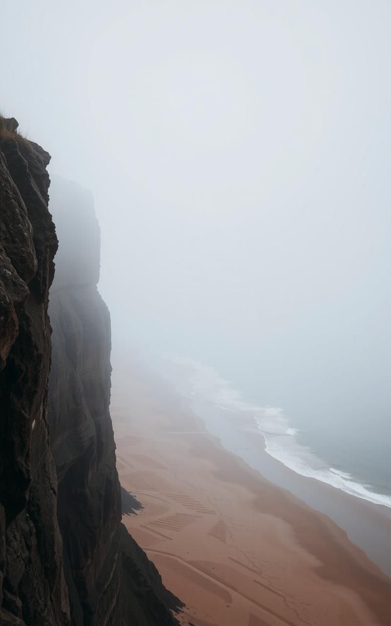 Foggy Cliffside Overlooking Quiet Beach