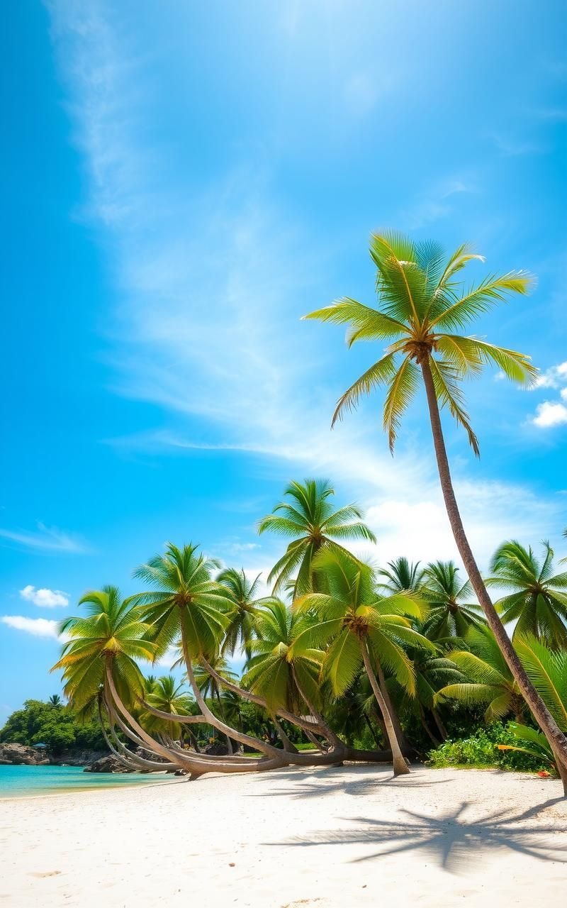 Palm Trees Swaying On Tropical Shoreline