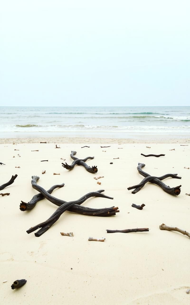 Quiet Beach With Driftwood And Soft Waves