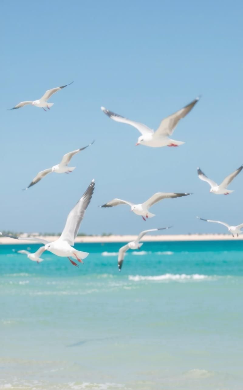 Seagulls Flying Over Turquoise Shoreline