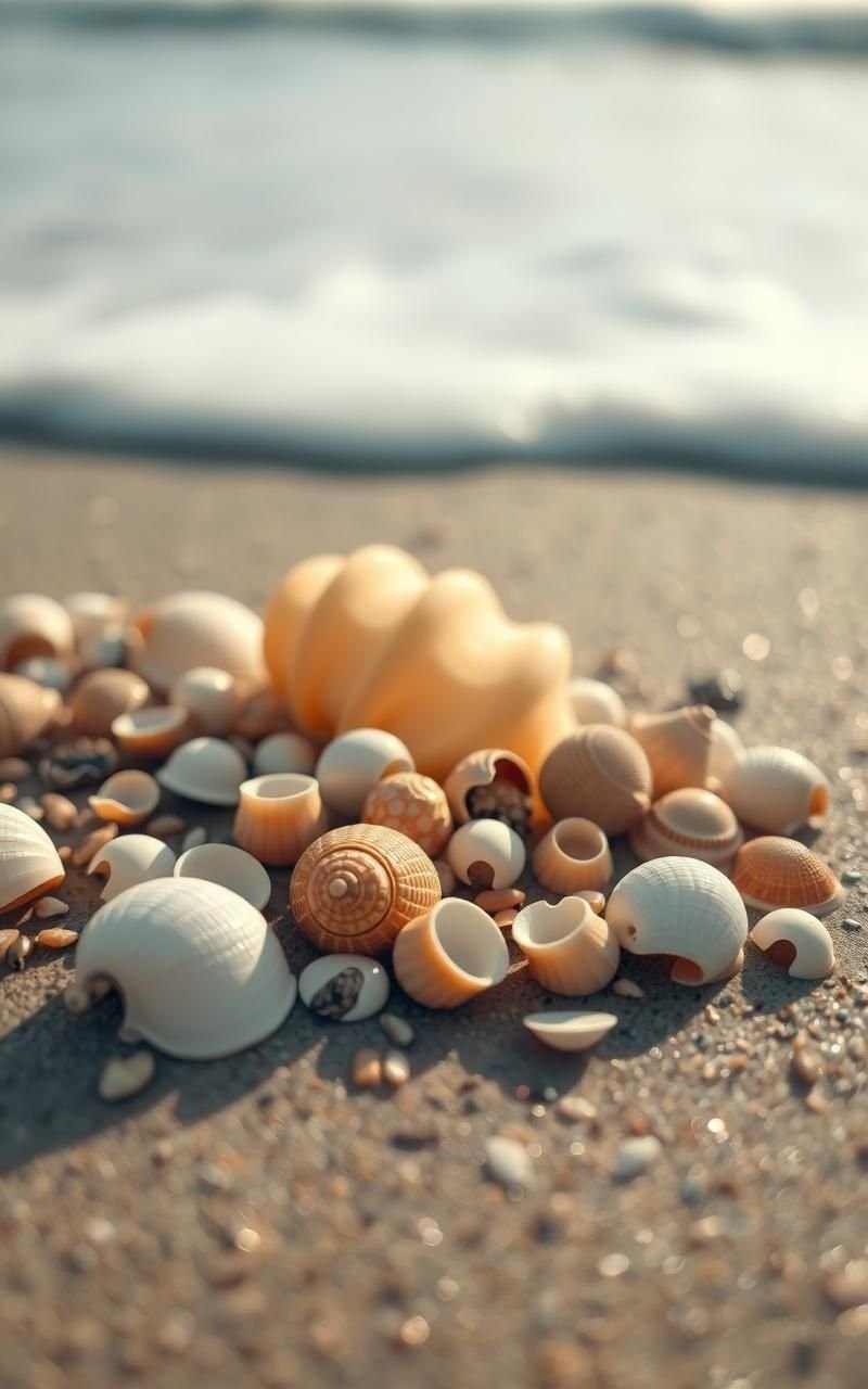 Seashells Scattered On Wet Shoreline