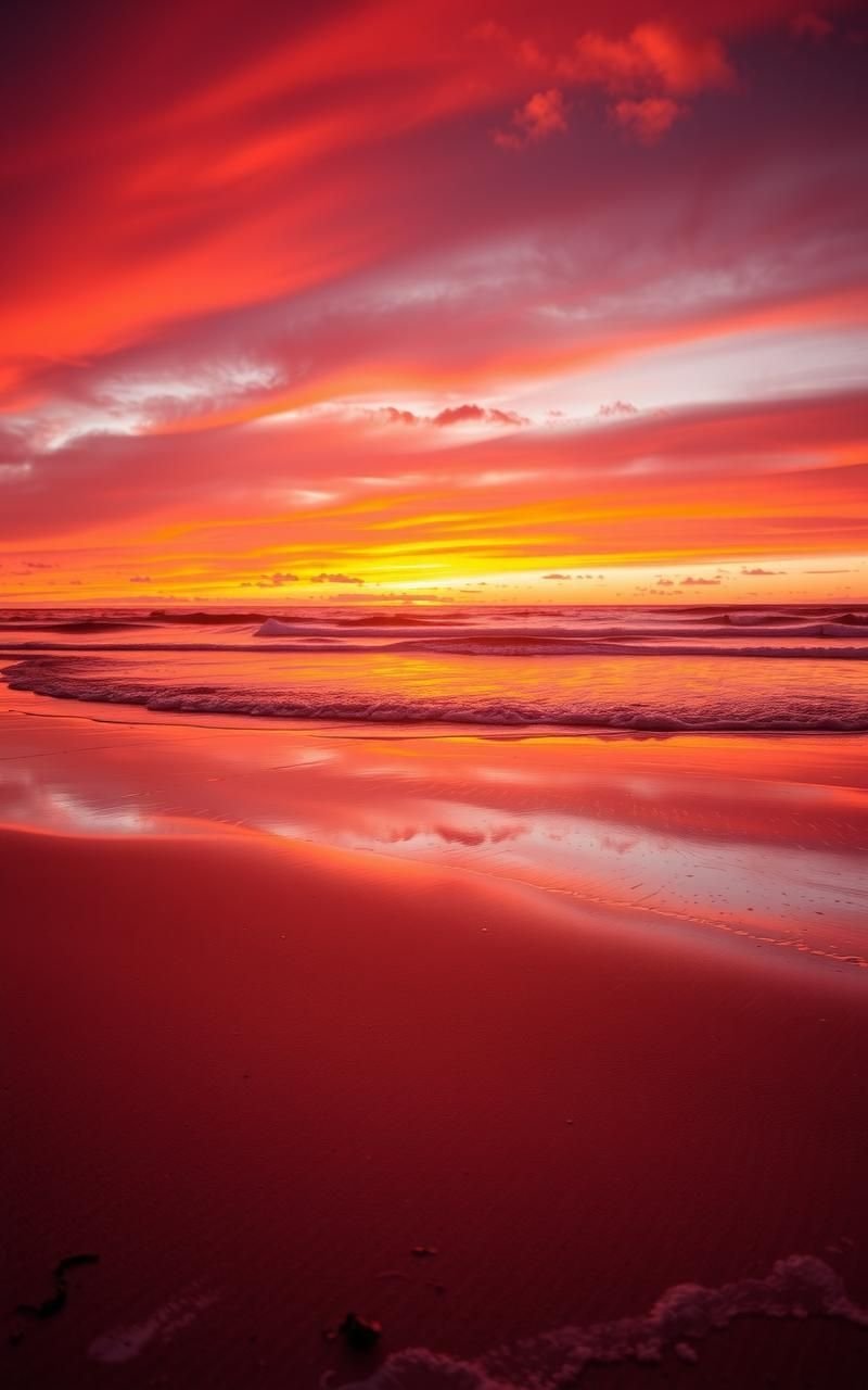 Sunset Reflections On Wet Sand Shore