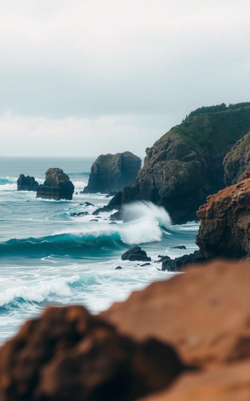Waves Crashing Against Rugged Coastal Cliffs
