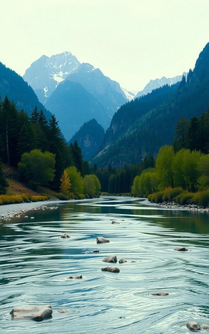 Calm River Flowing Through Mountain Valley