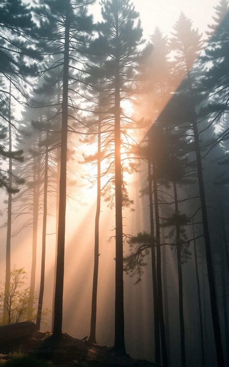 Misty Morning Light Through Mountain Trees