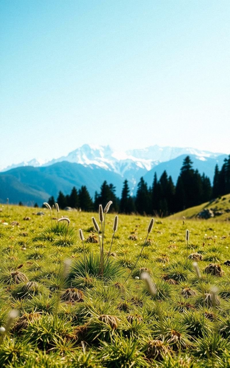 Quiet Alpine Meadow With Distant Snowy Peaks