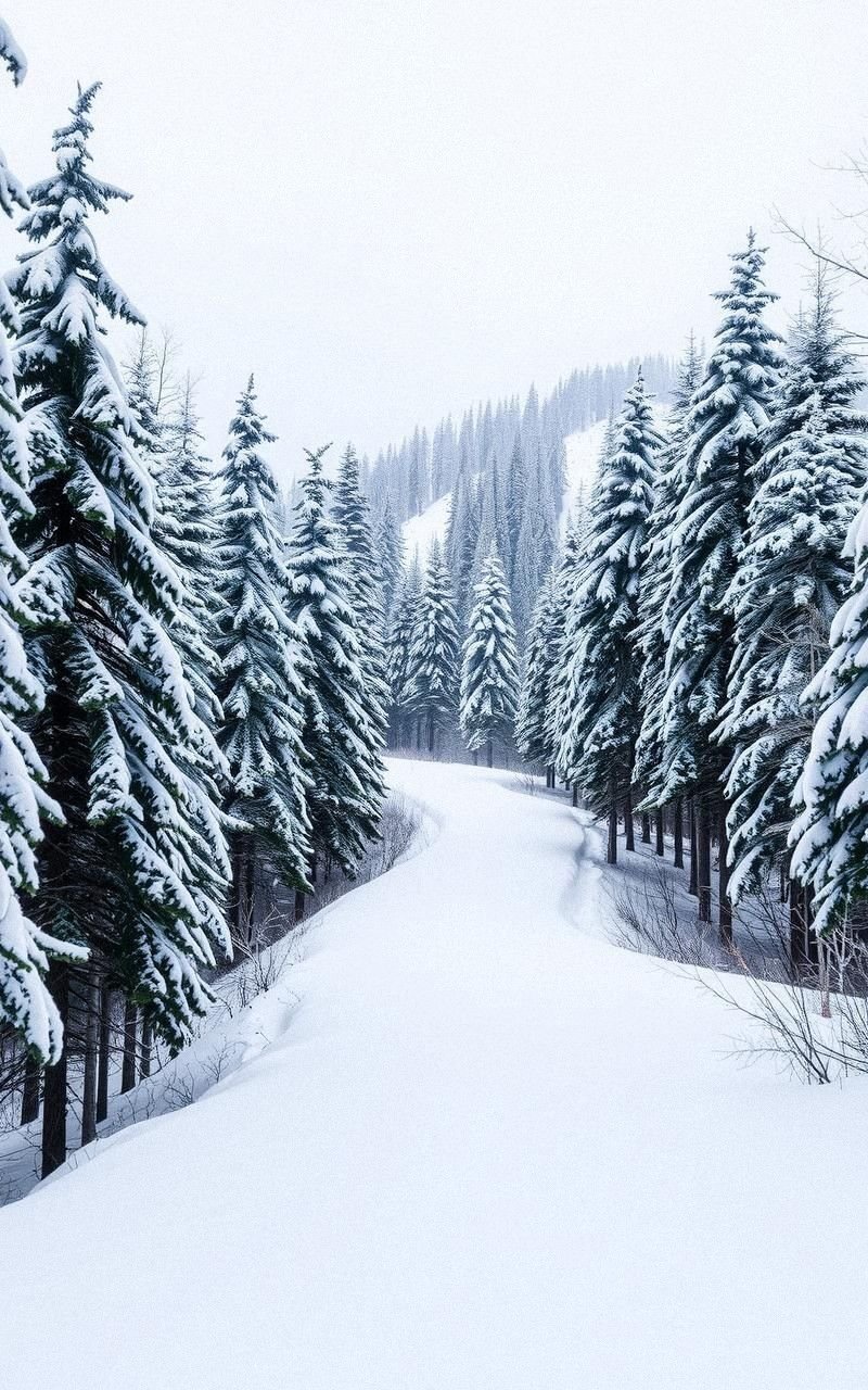 Snowy Mountain Path Leading Into Forest