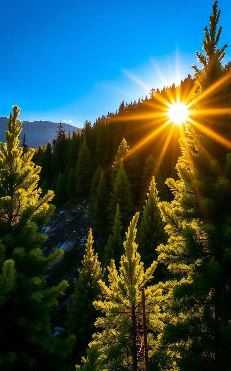 Sunlit Pine Forest Climbing Mountain Slopes