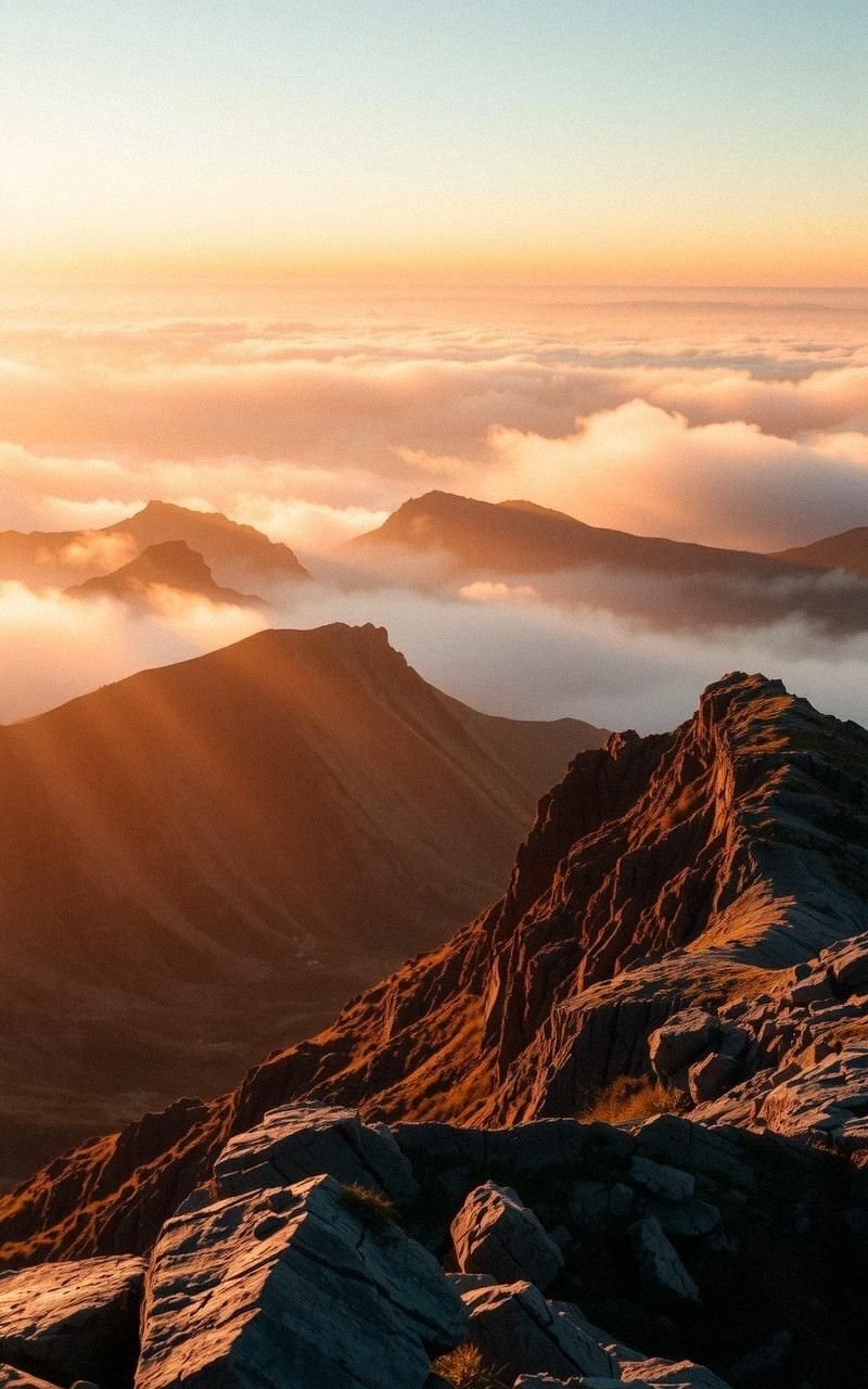 Sunrise Glow Over Misty Mountain Peaks