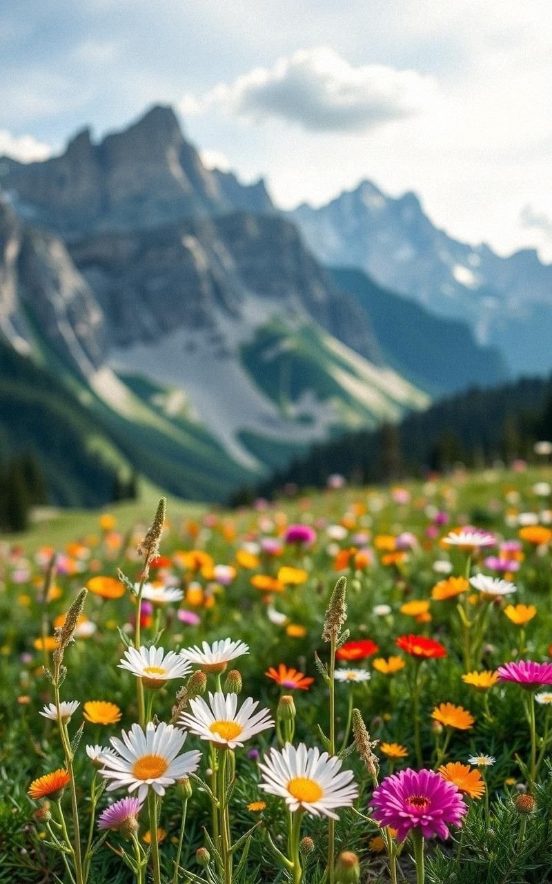 Wildflower Meadow Below Towering Mountains
