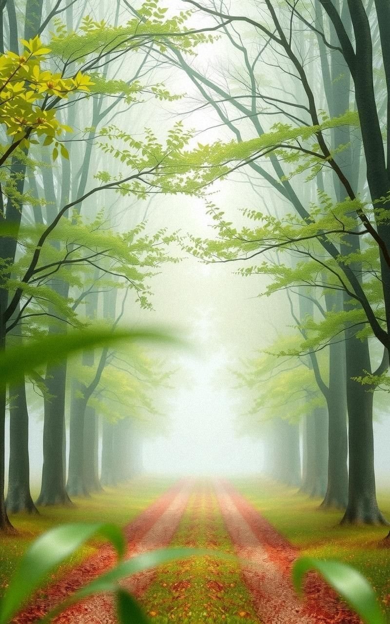 Foggy Forest Pathway in Gentle Greens