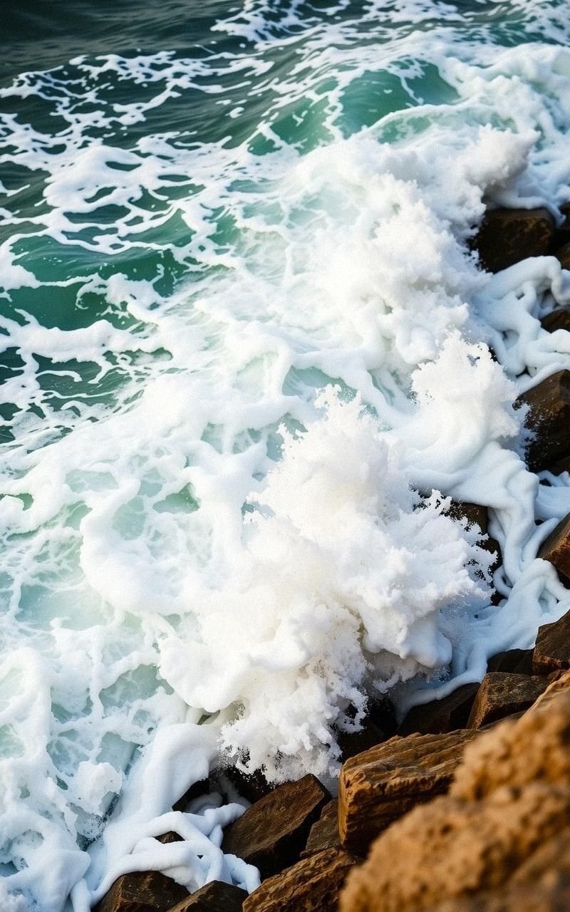 Foamy Waves Crashing on Rocky Coastline