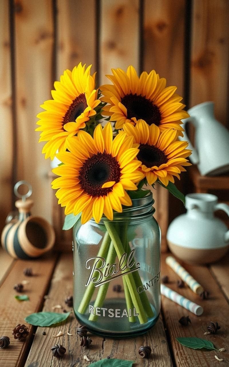 Sunflower Bouquet in Rustic Mason Jar