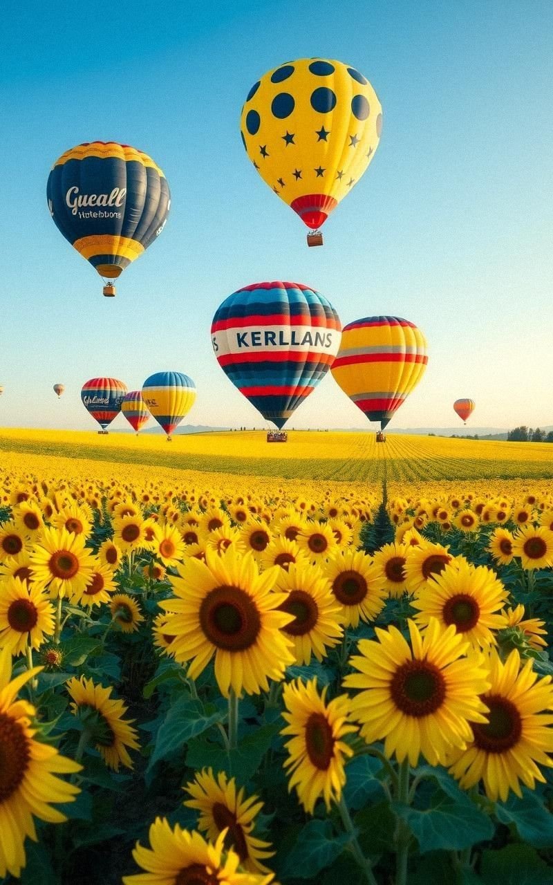 Sunflower Field with Hot Air Balloons Floating Above