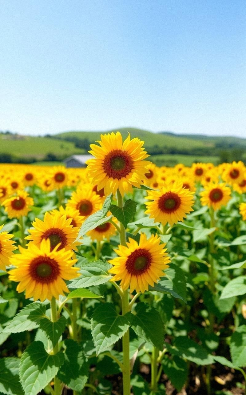 Sunflower Field with Rolling Hills Background