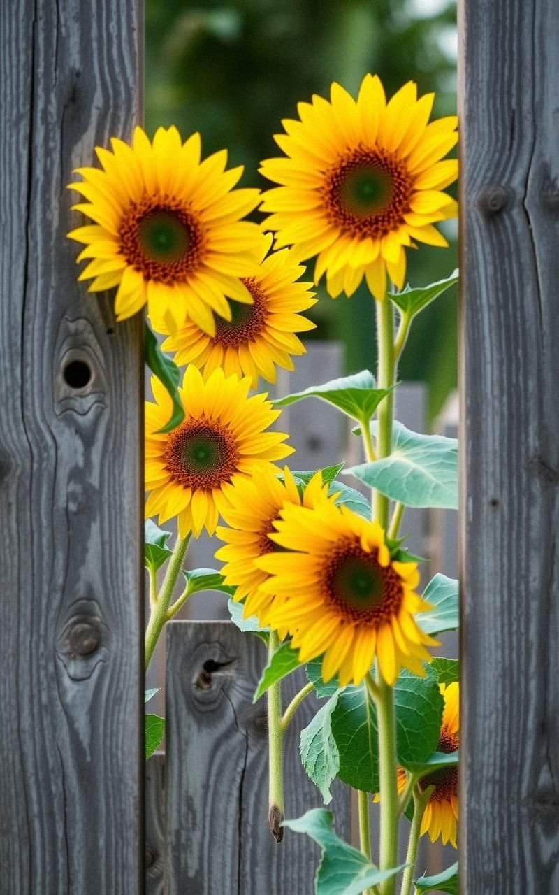 Sunflowers Framed by Rustic Wooden Fence