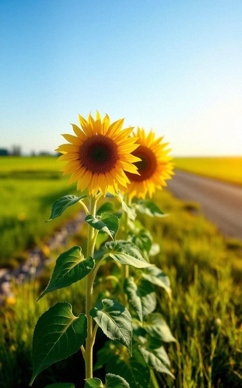 Sunflowers Growing Along a Country Road