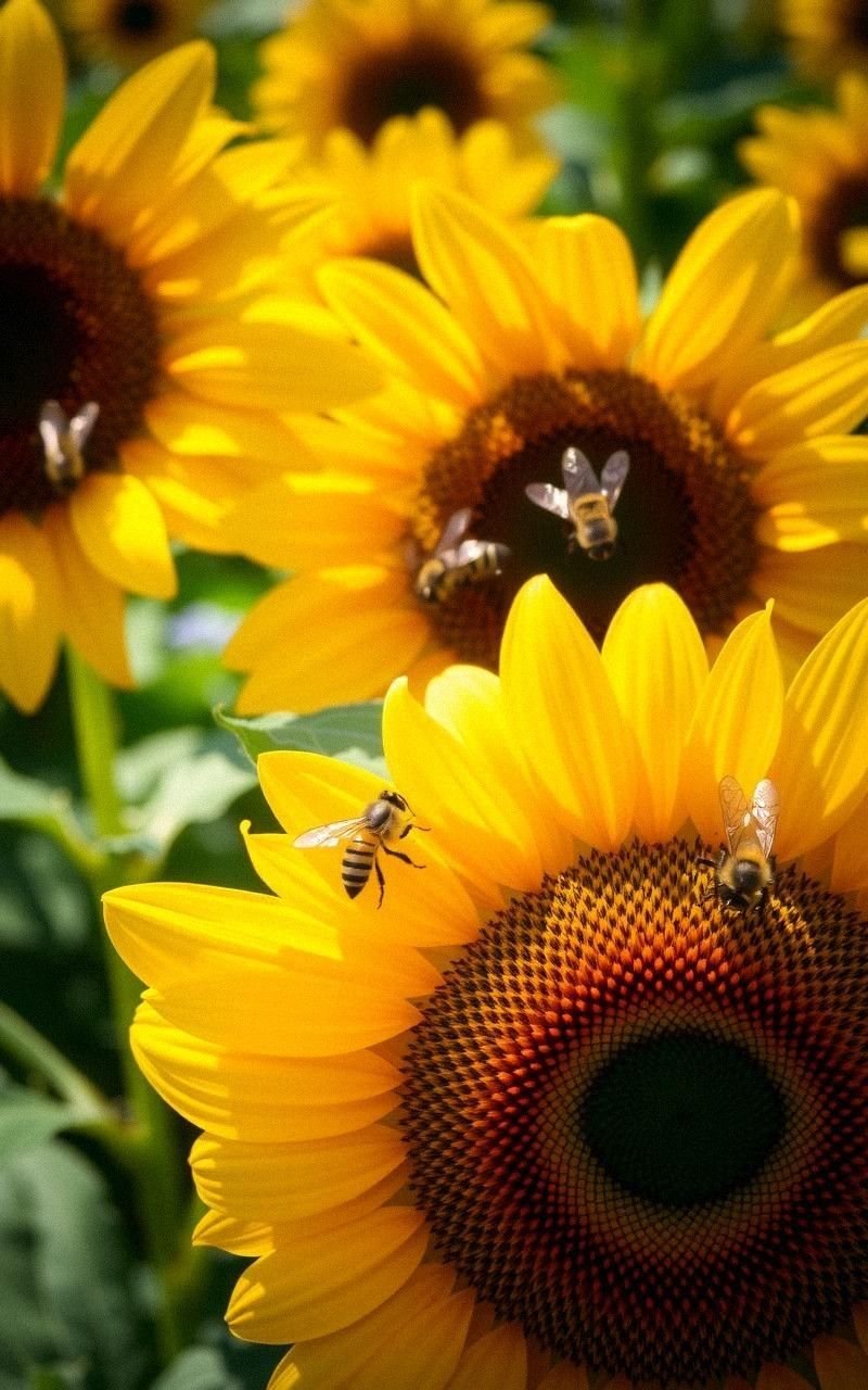 Sunflowers with Bees Pollinating in Bright Daylight