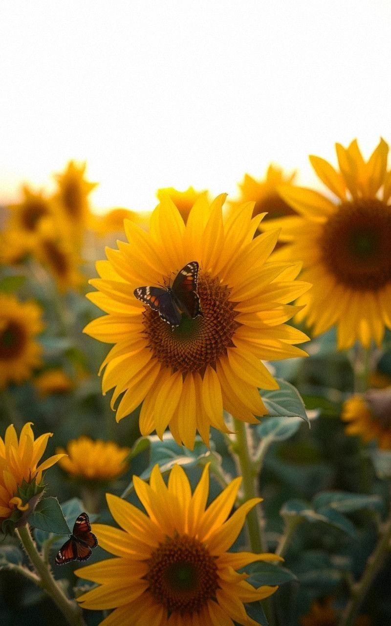 Sunflowers With Butterflies in Late Afternoon Light