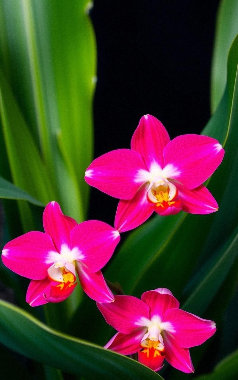 Exotic Orchids in Bloom Among Tropical Leaves