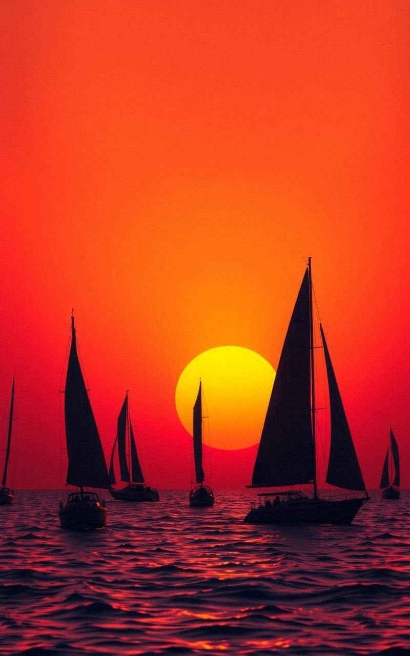 Sailboat Silhouettes Against a Faded Sunset Gradient