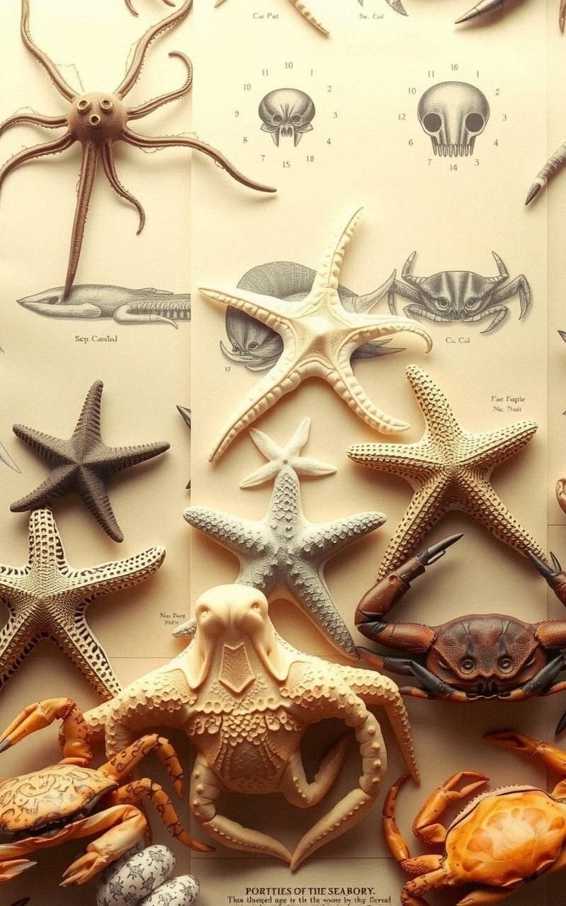 Sepia-toned Sea Creatures in Scientific Illustration Style
