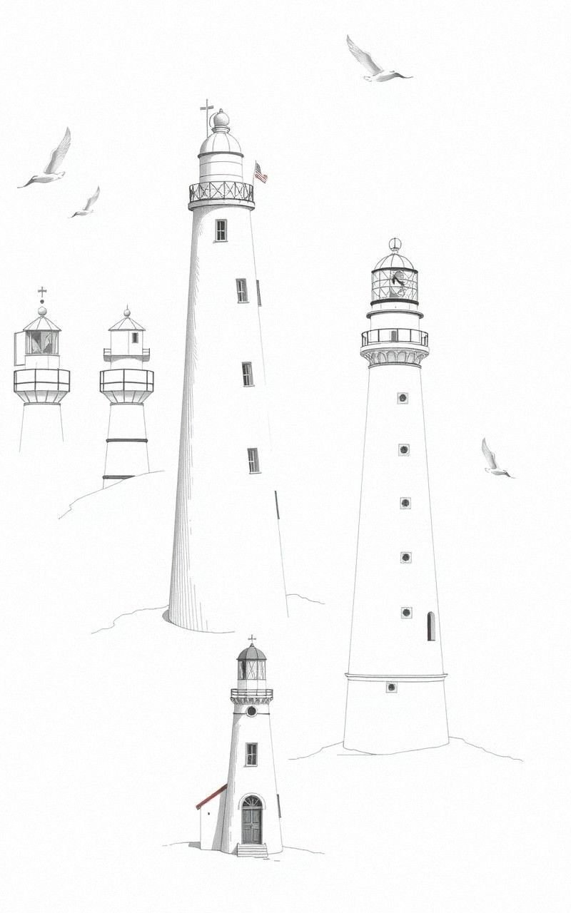Vintage Lighthouse Sketches on Cream Background