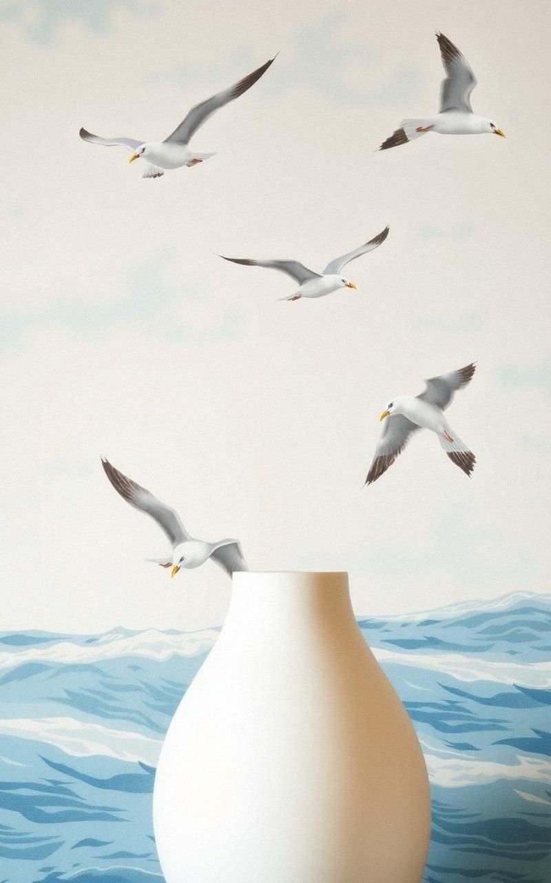 Vintage Seagulls in Flight Over Faded Ocean Waves