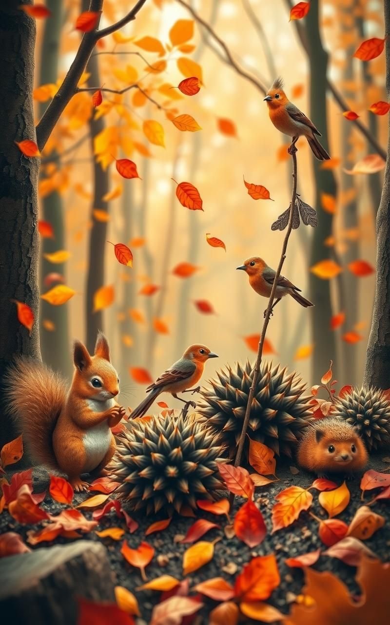 Playful Forest Animals in Autumn Glow