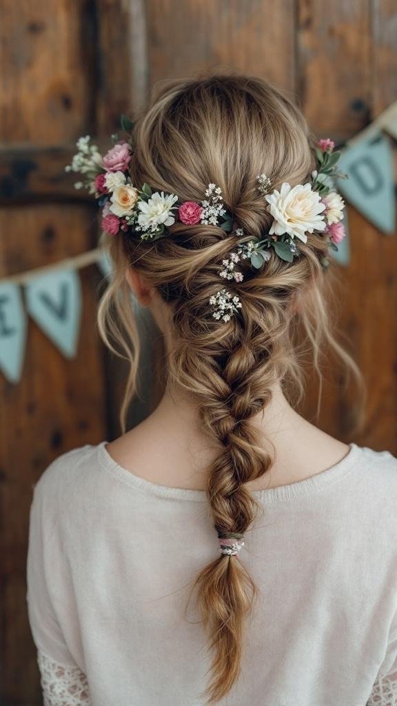 A beautiful half-up boho braid adorned with flowers.
