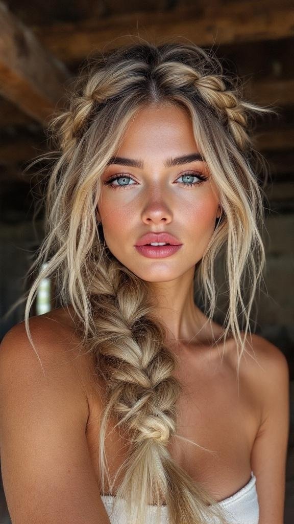 A woman with a knotted braid hairstyle, showcasing a boho look.