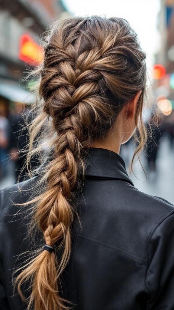 A close-up of a braided ponytail hairstyle, showcasing intricate braids and a loose ponytail.