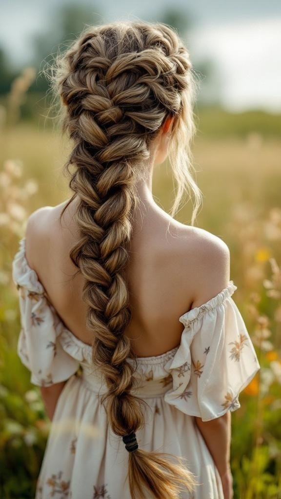 A beautiful twisted rope braid hairstyle on a woman, showcasing a long, intricate braid.