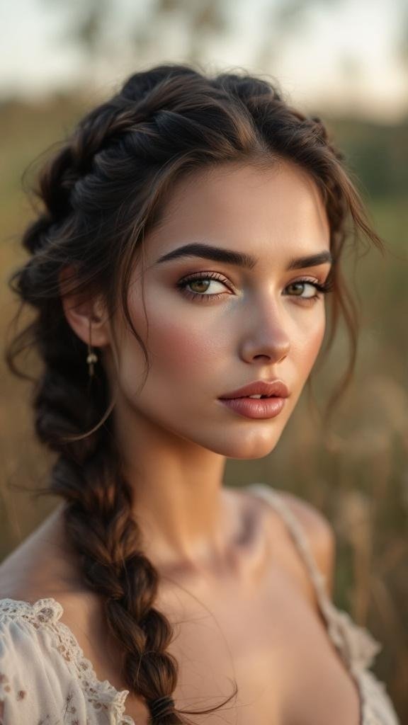 A close-up of a woman with a braided hairstyle, showcasing an infinity braid.