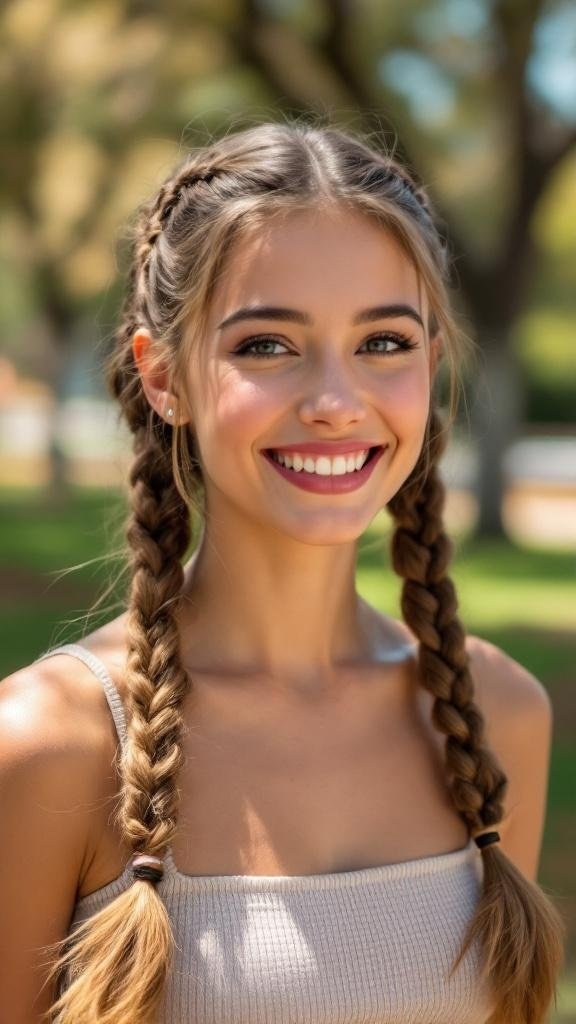 A young woman smiling with braided pigtails outdoors.