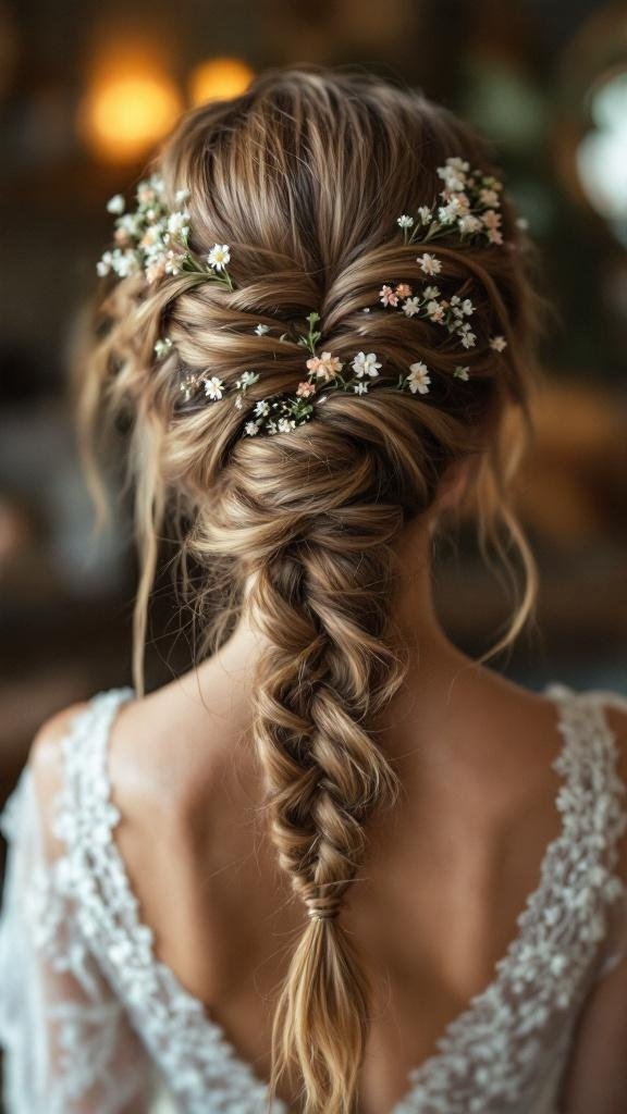 A beautiful braided updo adorned with small flowers.
