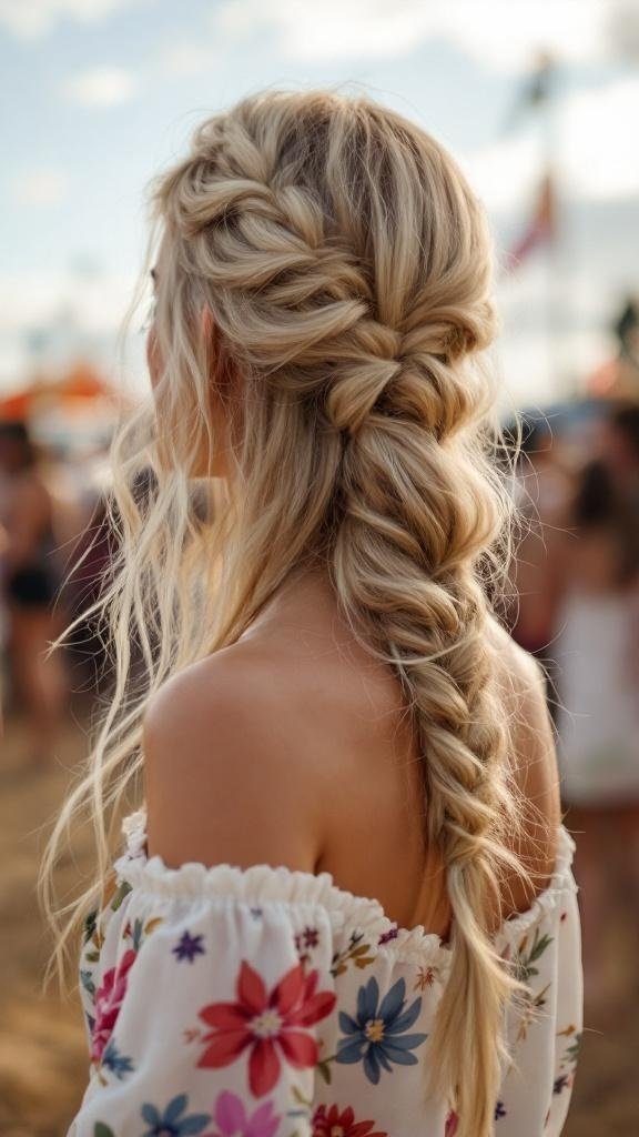 A beautiful side swept braid hairstyle on a woman with long blonde hair, wearing a floral off-shoulder top.