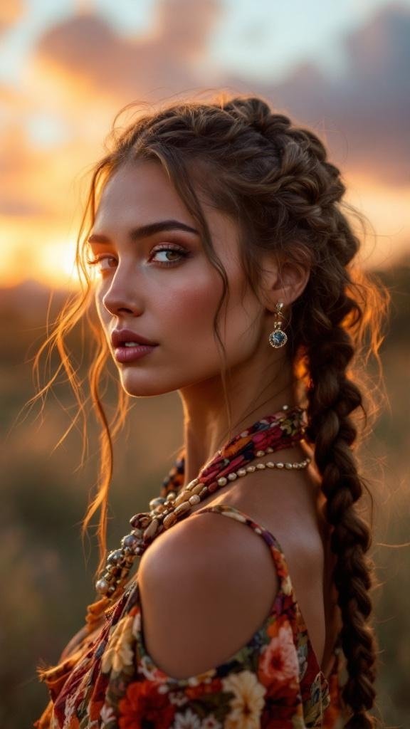 A woman with braided twist hairstyle, wearing floral attire, against a sunset backdrop.