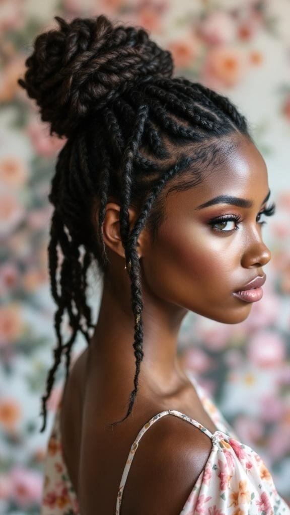 A woman showcasing a stylish braid and bun hairstyle.