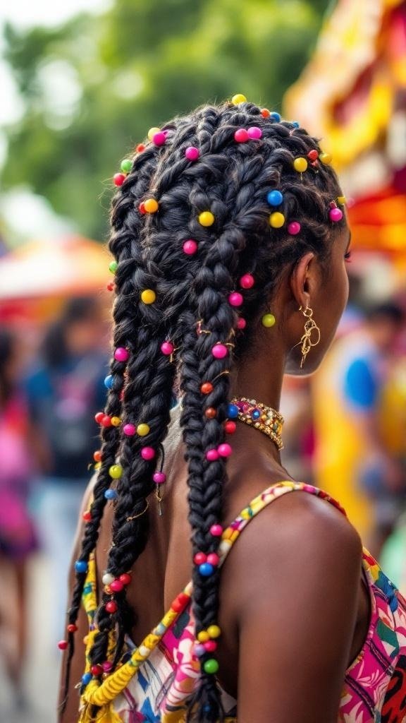 A woman with braided hair adorned with colorful beads, showcasing a vibrant hairstyle.