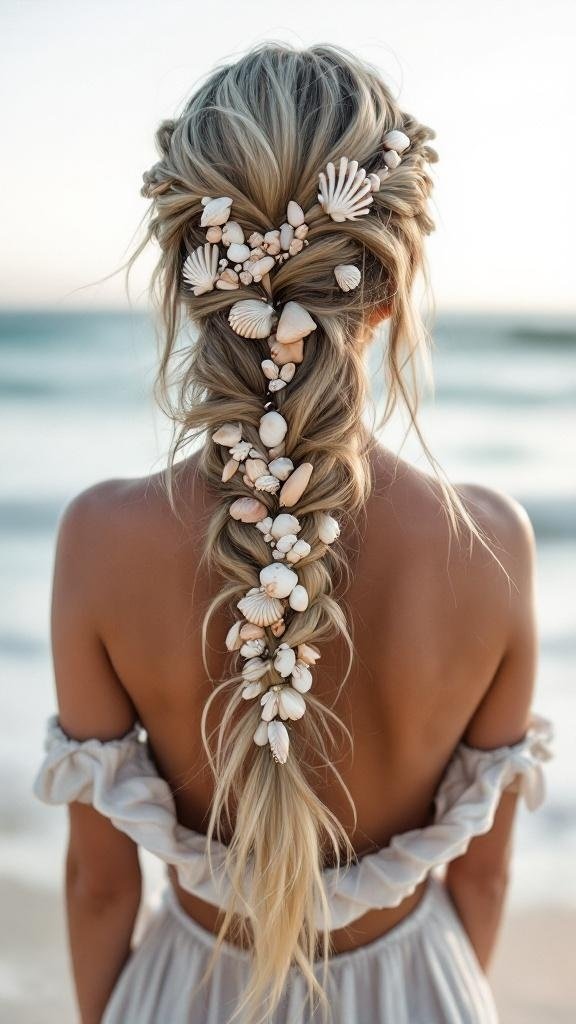 A woman with a Boho Mermaid Braid decorated with seashells, standing by the beach.