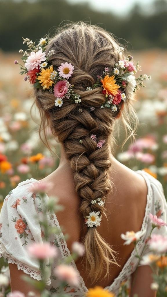 A beautiful French braid adorned with colorful flowers, set against a field of blooms.