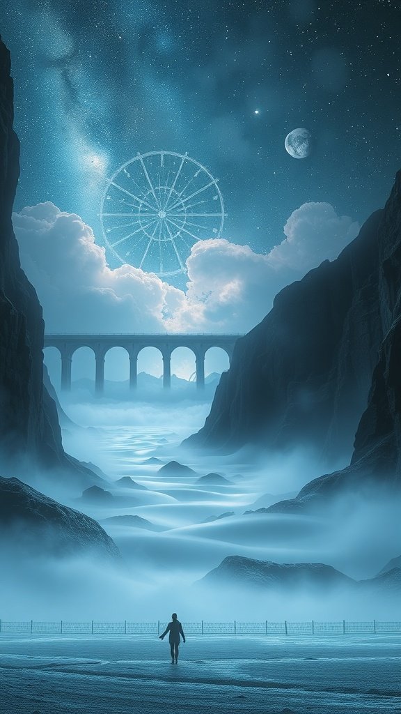 A serene landscape featuring a person walking towards a misty valley with a starry sky and a ferris wheel in the background.