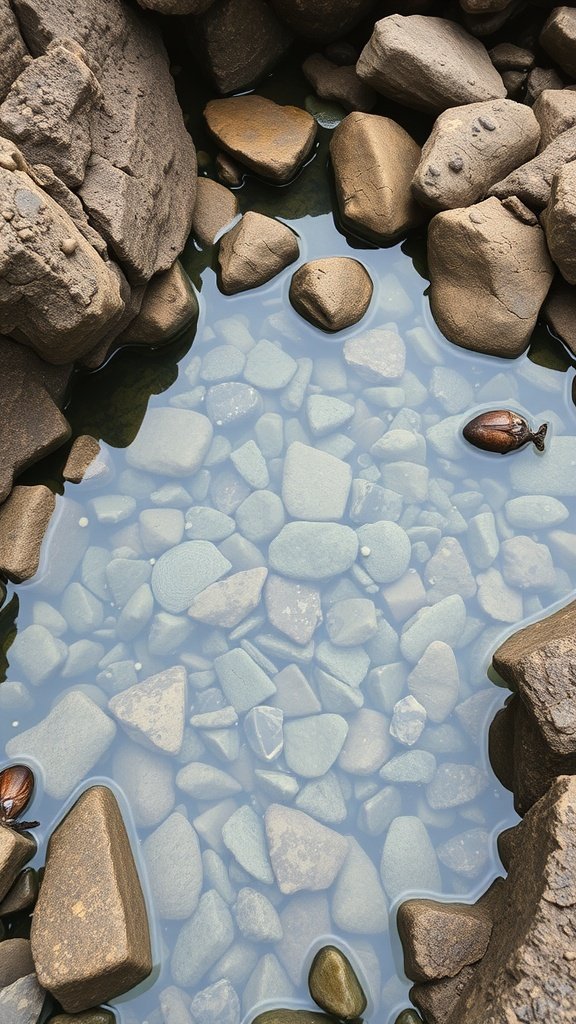 A close-up view of rocky tide pools with smooth stones and clear water.