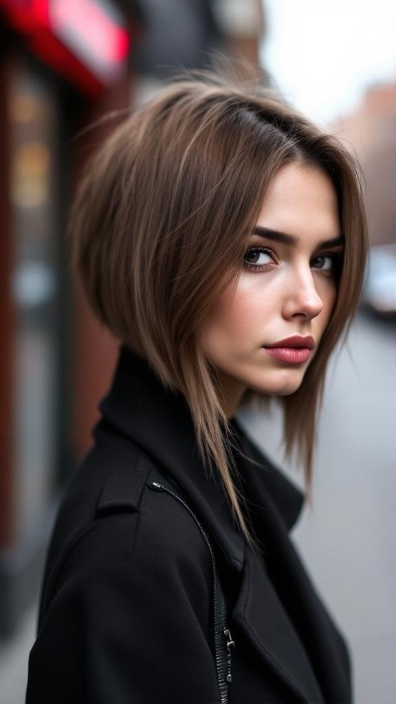 A woman with cool ash brown hair styled in a bob, wearing a black coat.