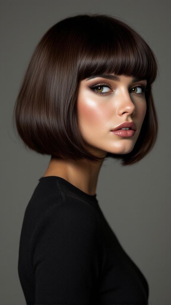 A woman with espresso brown bob hairstyle, showcasing a sleek and polished look.
