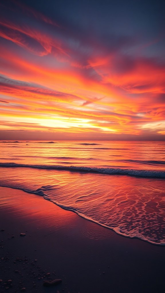 A stunning beach sunset with vibrant colors reflecting on calm waters.